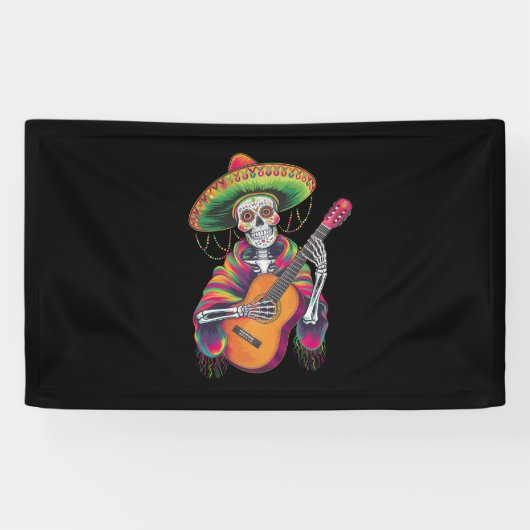 Cinco De Mayo Skelet Schedel Feest Gitaar Spandoek (Horizontaal)