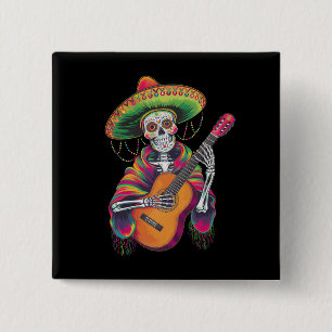 Cinco De Mayo Skelet Schedel Feest Gitaar Vierkante Button 5,1 Cm