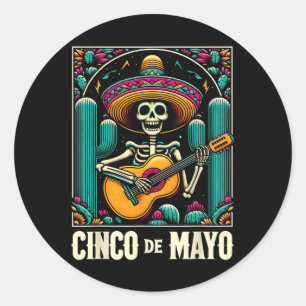 Cinco De Mayo Skelet Schedel Hoed Gitaar Mexicaans Ronde Sticker