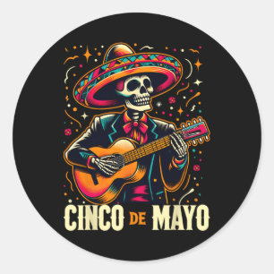 Cinco de Mayo Skeleton Skull Sombrero Gitaar Mexic Ronde Sticker