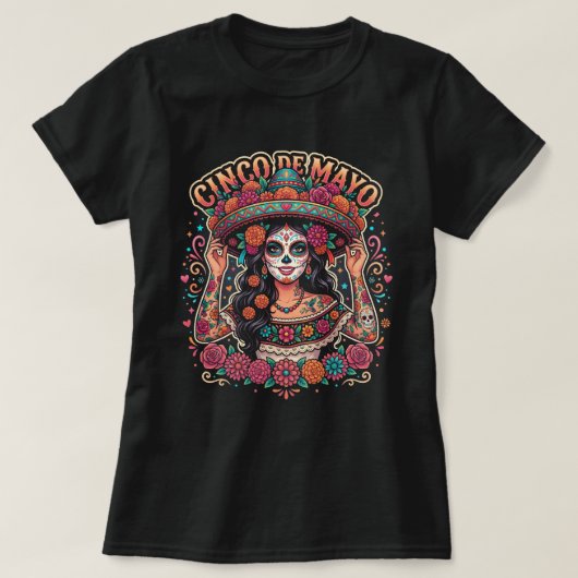 Cinco de Mayo Suiker Schedel Shirt Dames Mexicaans (Design voorkant)