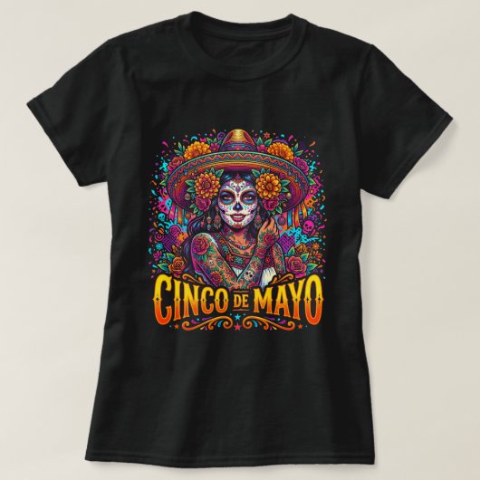 Cinco de Mayo Suiker Schedel Shirt Dames Mexicaans (Design voorkant)