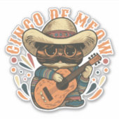CINCO DE MEOW MEXICAANSE KAT MET GITAAR STICKER (Voorkant)