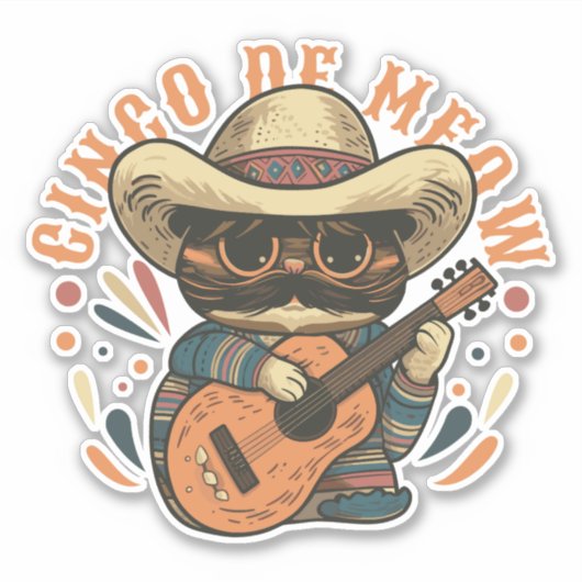 CINCO DE MEOW MEXICAANSE KAT MET GITAAR STICKER (Voorkant)