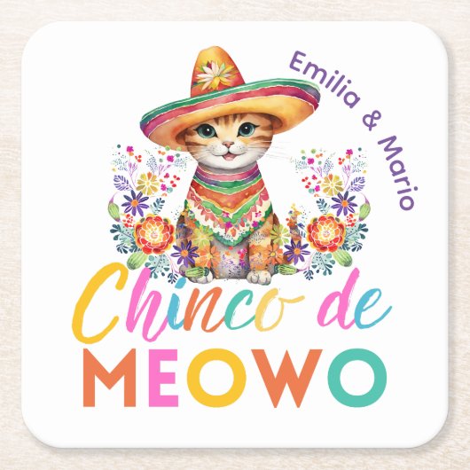Cinco De Meowo Schattigee Cat Fiesta Party Custom Kartonnen Onderzetters (Voorkant)