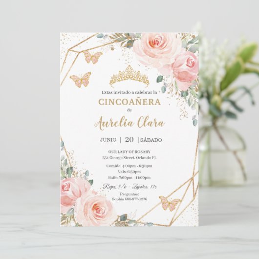 Cincoañera Blush Pink Floral Butterflies Princess Kaart (Staand voorkant)