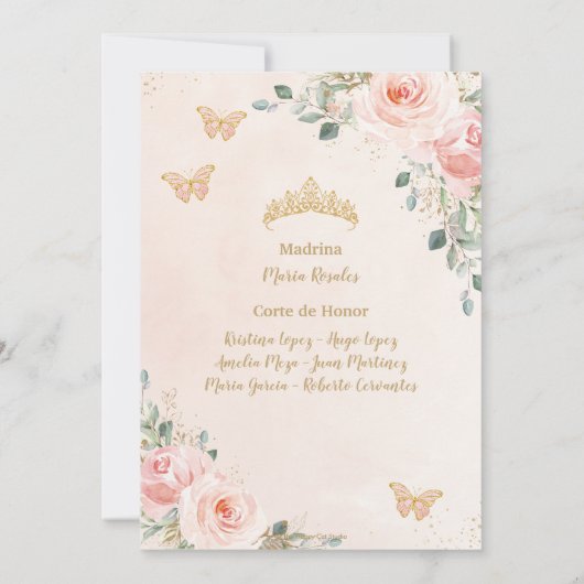 Cincoañera Blush Pink Floral Butterflies Princess Kaart (Achterkant)