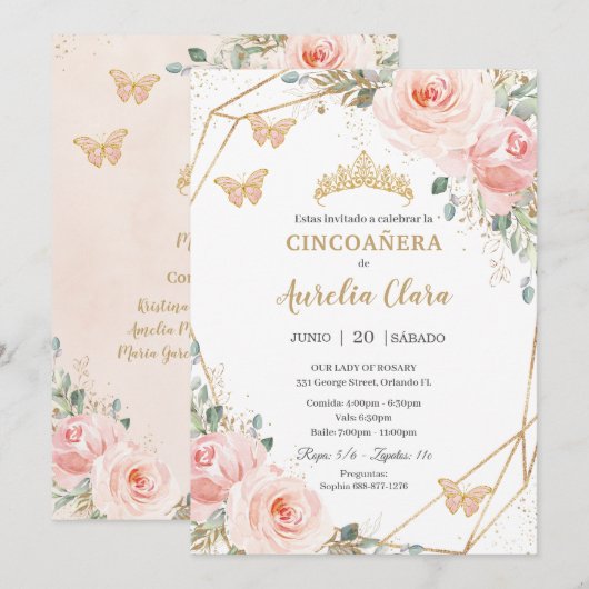 Cincoañera Blush Pink Floral Butterflies Princess Kaart (Voorkant / Achterkant)