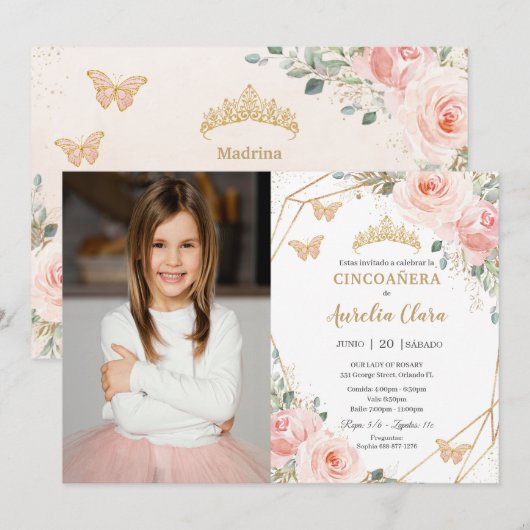 Cincoañera Blush Roze Bloemen Vlinders Foto Kaart (Voorkant / Achterkant)