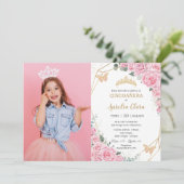 Cincoañera Pink Roses Floral Butterflies Foto Kaart (Staand voorkant)
