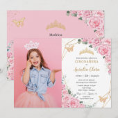 Cincoañera Pink Roses Floral Butterflies Foto Kaart (Voorkant / Achterkant)