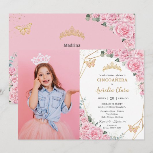 Cincoañera Pink Roses Floral Butterflies Foto Kaart (Voorkant / Achterkant)