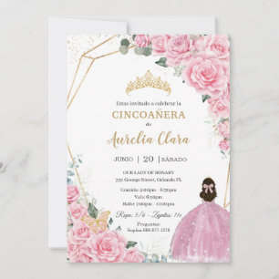 Cincoañera Pink Roses Floral Gold Princess Crown Kaart