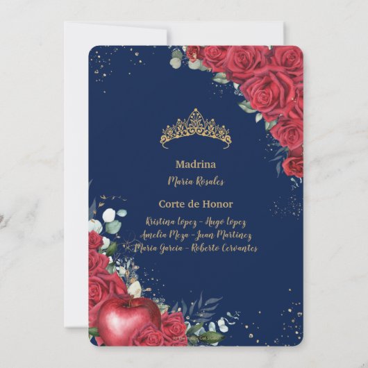 Cincoañera Red Roses Floral Sneeuwwitje Lijst Kaart (Achterkant)
