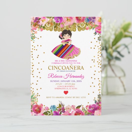 CINCOAÑERA Royal Pink Mexican Girl Kaart (Staand voorkant)