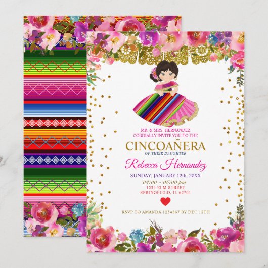 CINCOAÑERA Royal Pink Mexican Girl Kaart (Voorkant / Achterkant)