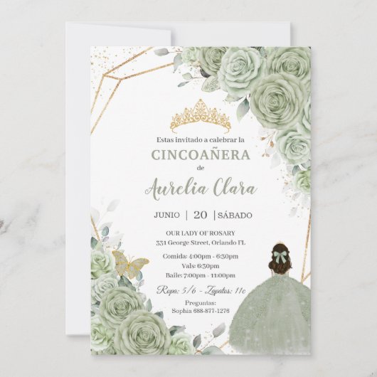 Cincoañera Sage Groen Bloemen Goud Prinses Jurk Kaart (Voorkant)