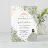 Cincoañera Sage Groen Bloemen Goud Prinses Jurk Kaart (Staand voorkant)