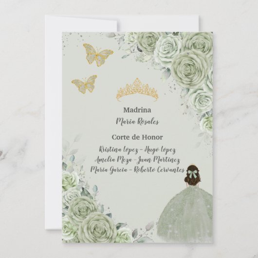 Cincoañera Sage Groen Bloemen Goud Prinses Jurk Kaart (Achterkant)