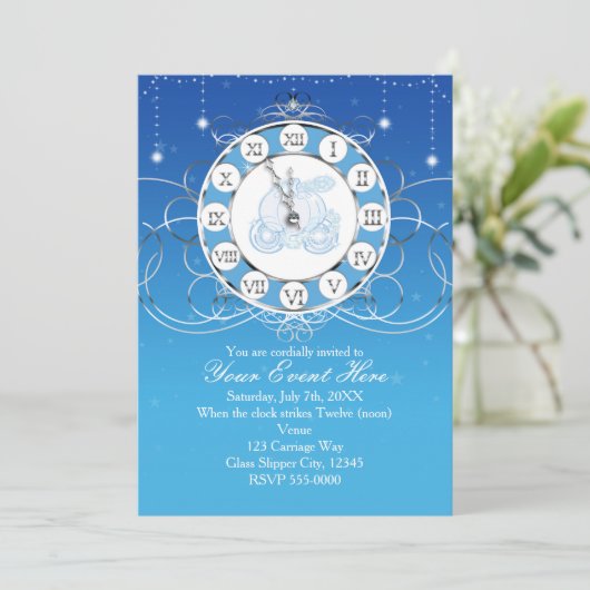 Cinderella Almost Midnight Silver Blue Invitation Kaart (Staand voorkant)