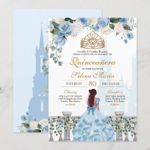 Cinderella Blue Floral Gold Princess Quinceanera Kaart