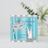 Cinderella Blue Masquerade Masker Heels Birthday Kaart (Staand voorkant)