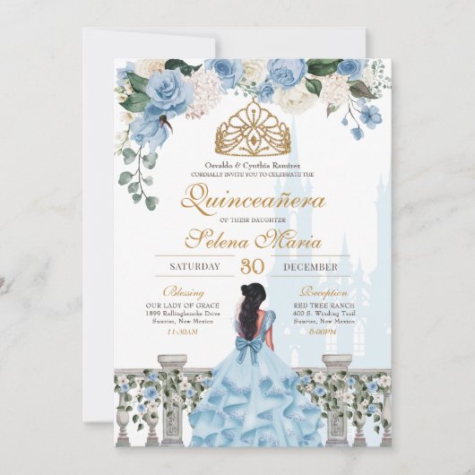 Cinderella Blue Rozen & Gold Princess Quinceañera Kaart (Voorkant)