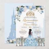Cinderella Blue Rozen & Gold Princess Quinceañera Kaart (Voorkant / Achterkant)