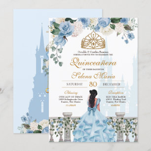 Cinderella Blue Rozen & Gold Princess Quinceañera Kaart