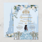 Cinderella Blue Rozen & Gold Princess Quinceañera Kaart (Voorkant / Achterkant)