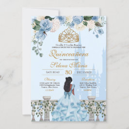 Cinderella Blue Rozen & Gold Princess Quinceañera Kaart