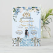Cinderella Blue Rozen & Gold Princess Quinceañera Kaart (Staand voorkant)