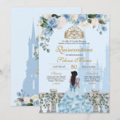 Cinderella Blue Rozen & Gold Princess Quinceañera Kaart (Voorkant / Achterkant)