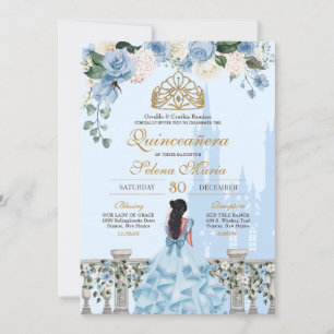 Cinderella Blue Rozen & Gold Princess Quinceañera Kaart