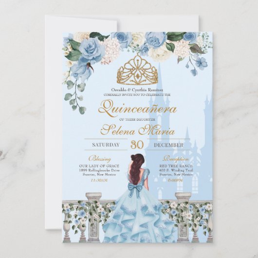 Cinderella Blue Rozen & Gold Princess Quinceanera Kaart (Voorkant)