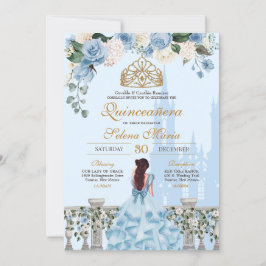 Cinderella Blue Rozen & Gold Princess Quinceanera Kaart