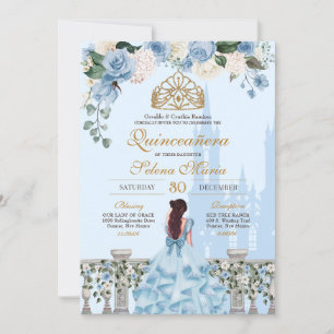 Cinderella Blue Rozen & Gold Princess Quinceanera Kaart