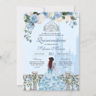 Cinderella Blue Rozen Silver Princess Quinceanera Kaart