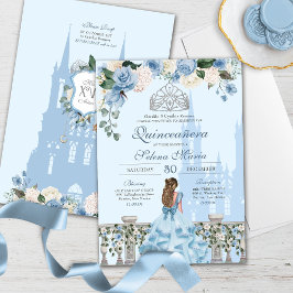 Cinderella Blue Silver Floral Princess Quinceanera Kaart