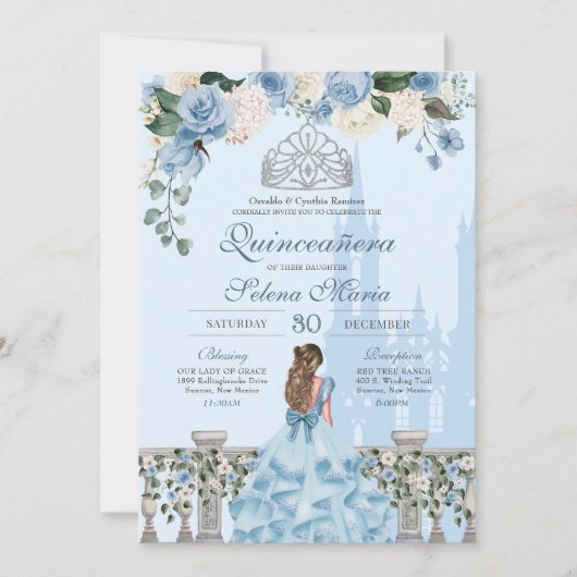 Cinderella Blue Silver Floral Princess Quinceanera Kaart (Voorkant)