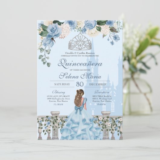 Cinderella Blue Silver Floral Princess Quinceanera Kaart (Staand voorkant)