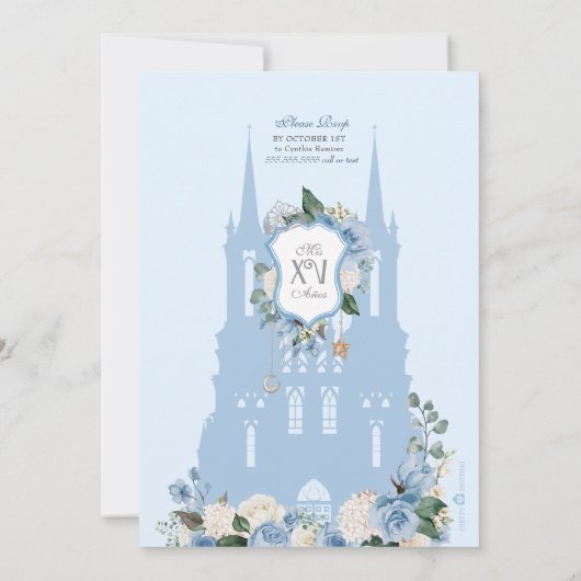 Cinderella Blue Silver Floral Princess Quinceanera Kaart (Achterkant)