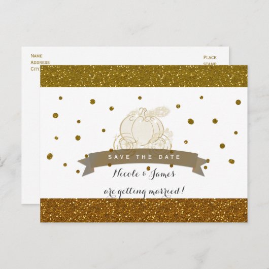 Cinderella Carriage Gold Glitter Bewaar de datum Aankondigingskaart (Voorkant / Achterkant)