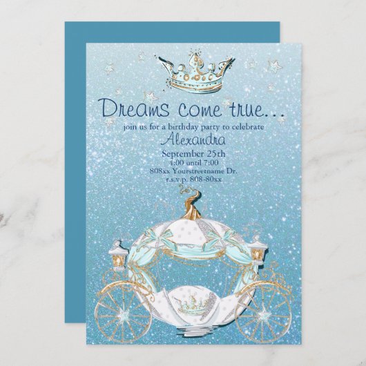Cinderella Fairy Tale Blauw en Goud Glitter Kaart (Voorkant / Achterkant)