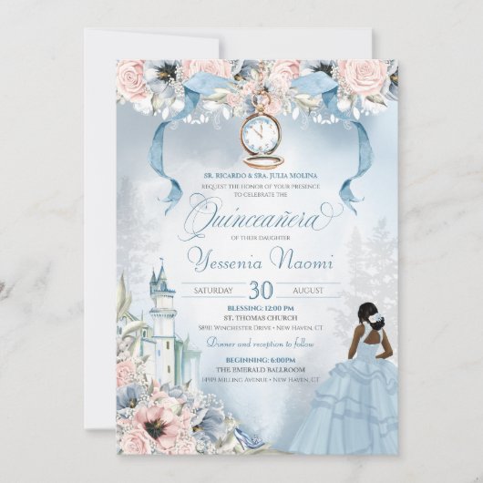Cinderella Fairy Tale Blue Pink Floral Quinceanera Kaart (Voorkant)