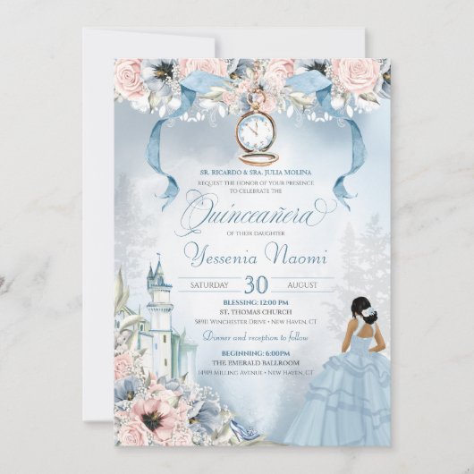 Cinderella Fairy Tale Blue Pink Floral Quinceanera Kaart (Voorkant)