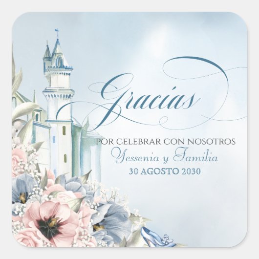 Cinderella Fairy Tale Blue Pink Spaanse veer Vierkante Sticker (Voorkant)