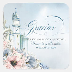 Cinderella Fairy Tale Blue Pink Spaanse veer Vierkante Sticker