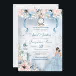 Cinderella Fairy Tale Princess Sweet 16 Birthday Kaart<br><div class="desc">Deze prachtig elegante uitnodiging voor een sprookje zal je gasten uitnodigen met een Assepoester-thema, met een kasteel, een prachtige roze en blauwe florale botaniek, een vermiste glazen slipper en de gast van eer in een prachtige ballon. Alle tekst is volledig aanpasbaar en kan worden aangepast aan uw behoeften. Dit ontwerp...</div>