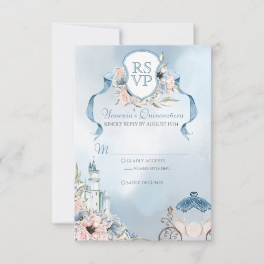 Cinderella Fairytale Elegant Blue Pink Quinceanera RSVP Kaartje (Voorkant)